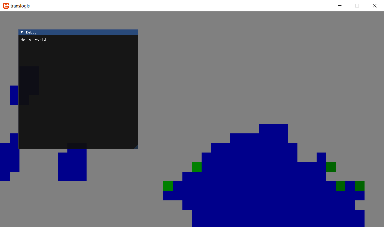 A screenshot of the working "hello world" message inside a simple game.