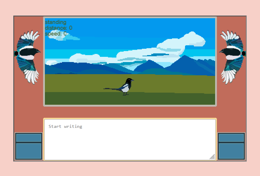 A somewhat working user interface for the game, panels are laid out with magpie decorations and a large text box at the bottom