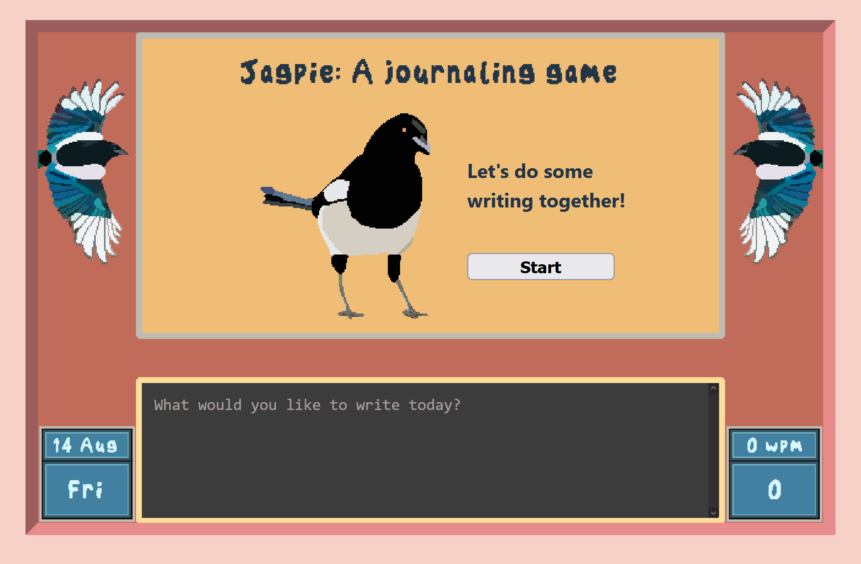 The title screen of the game, across the top of the page is &quot;Jagpie: A journaling game&quot;. There is a button to start the game.