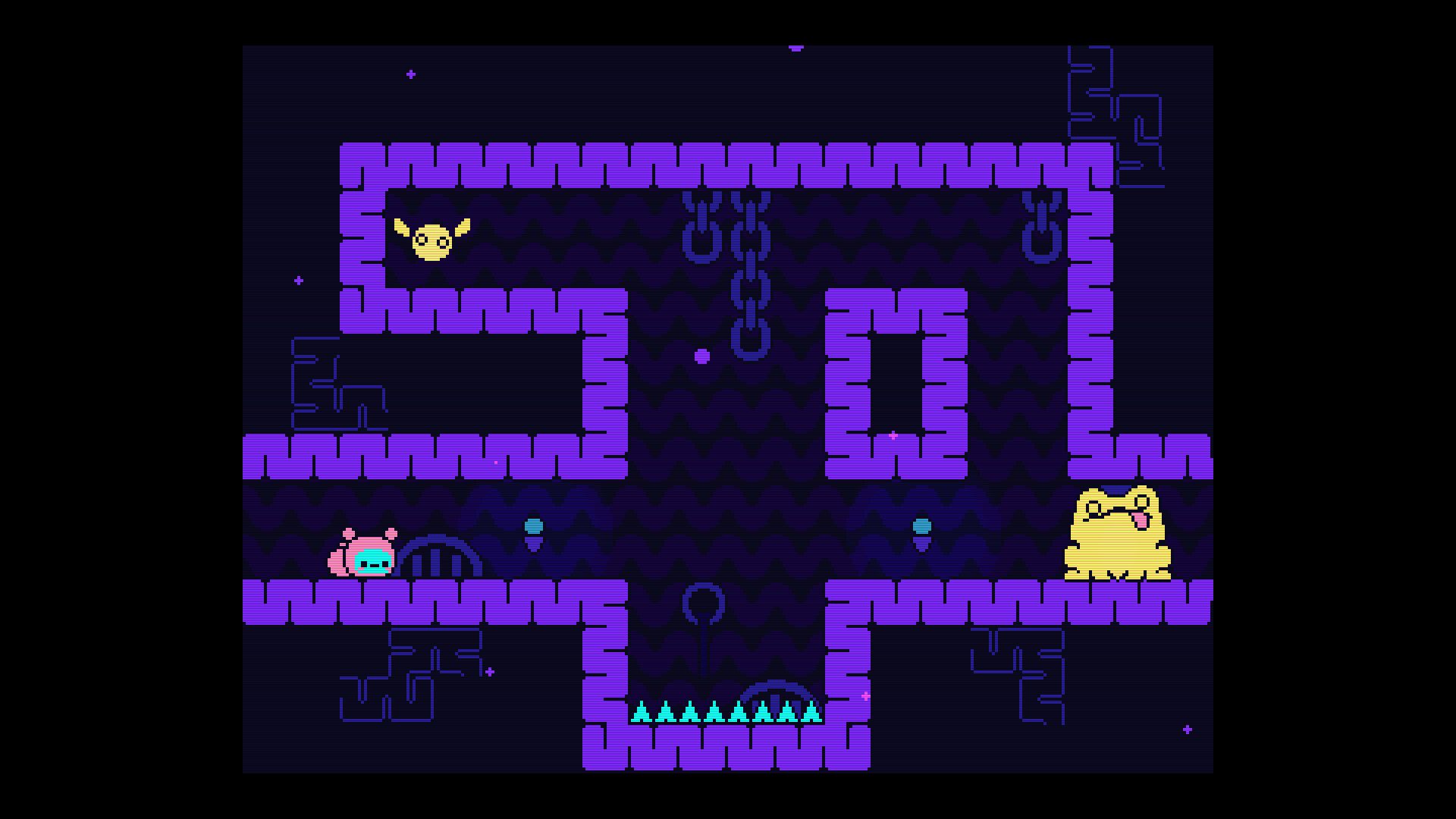 A screenshot of the game featuring a pink caterpillar and a yellow frog separated by a pit of spikes